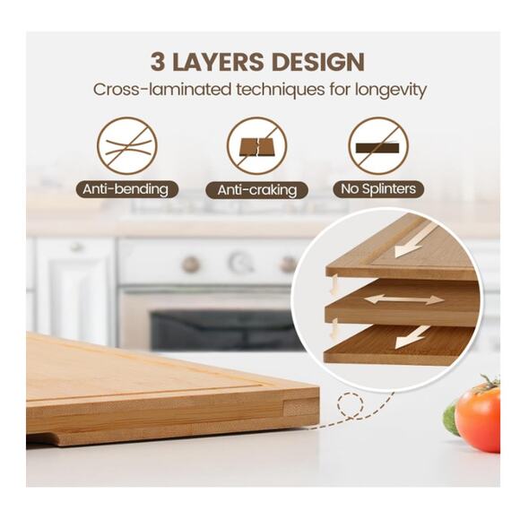 2 pack Bamboo Cutting Boards XL Kickstand & Juice Groove, 20"L x 14"W x 0.7"Th - Picture 3 of 7